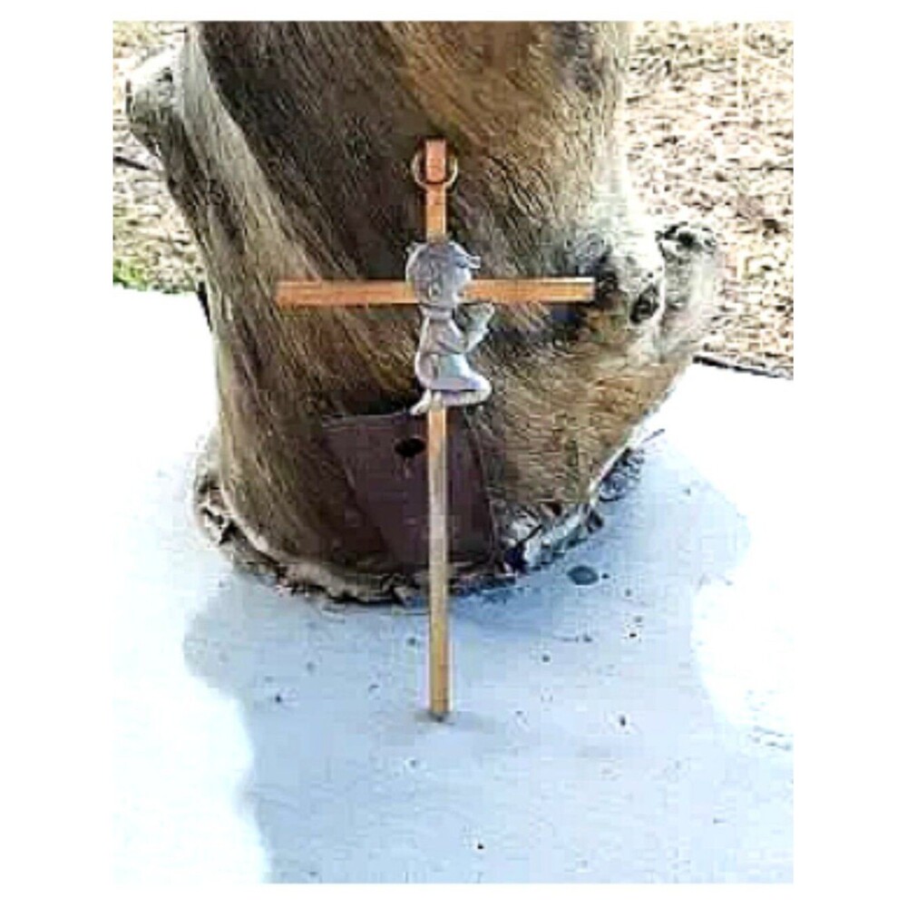 First Communion Cross – Vintage Brass & Pewter Praying Boy Wall Decor 8”